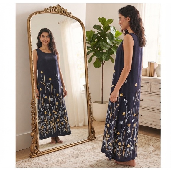 Jamie Brooke Woman Dresses & Skirts - Vintage Jamie Brooke Woman Navy Floral Rayon Sleeveless Maxi Dress 18W Boho